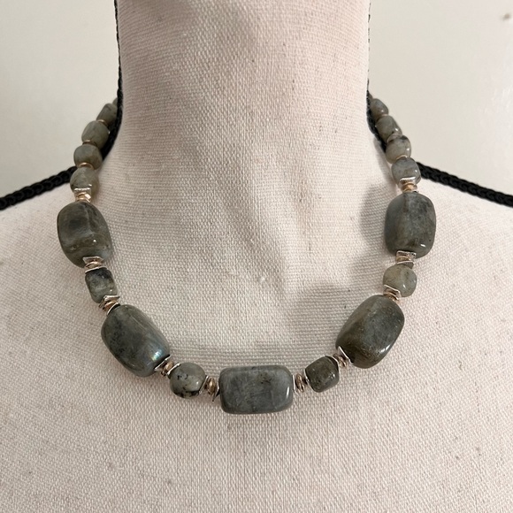 Labradorite Gemstone Statement Necklace With Silver Accents Adjustable Length. - Picture 4 of 6